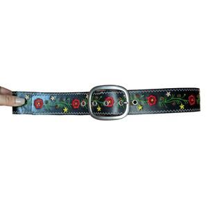 36" Olga Santini Women's Black Floral Leather Silver Buckle Belt
